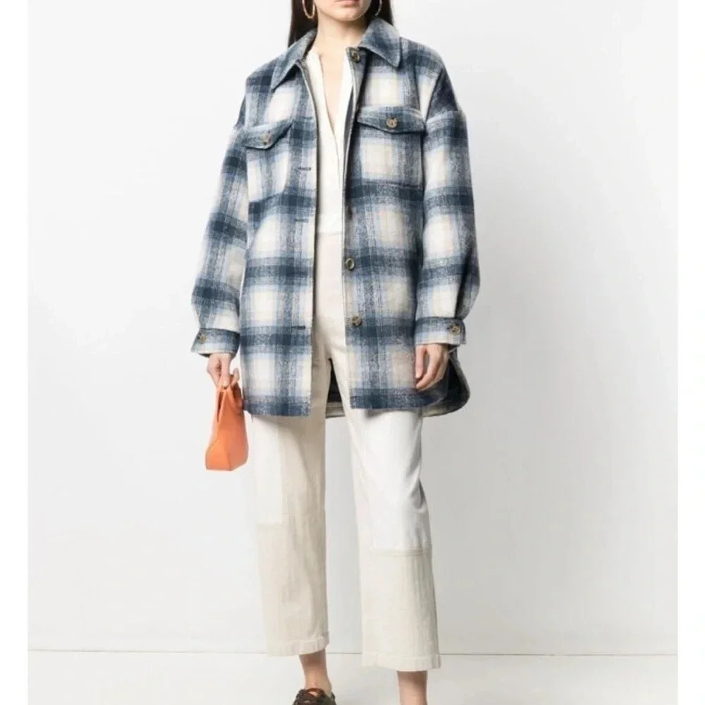 Apparis Oversized Deborah Plaid Shirt Jacket Shacket Size M Blue Cream